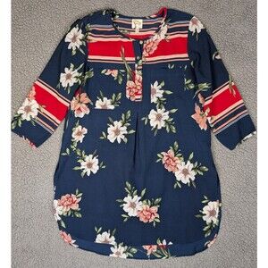 Fig And Flower Tunic Top Womens Large Navy Blue Red Floral Popover 3/4 Sleeve
